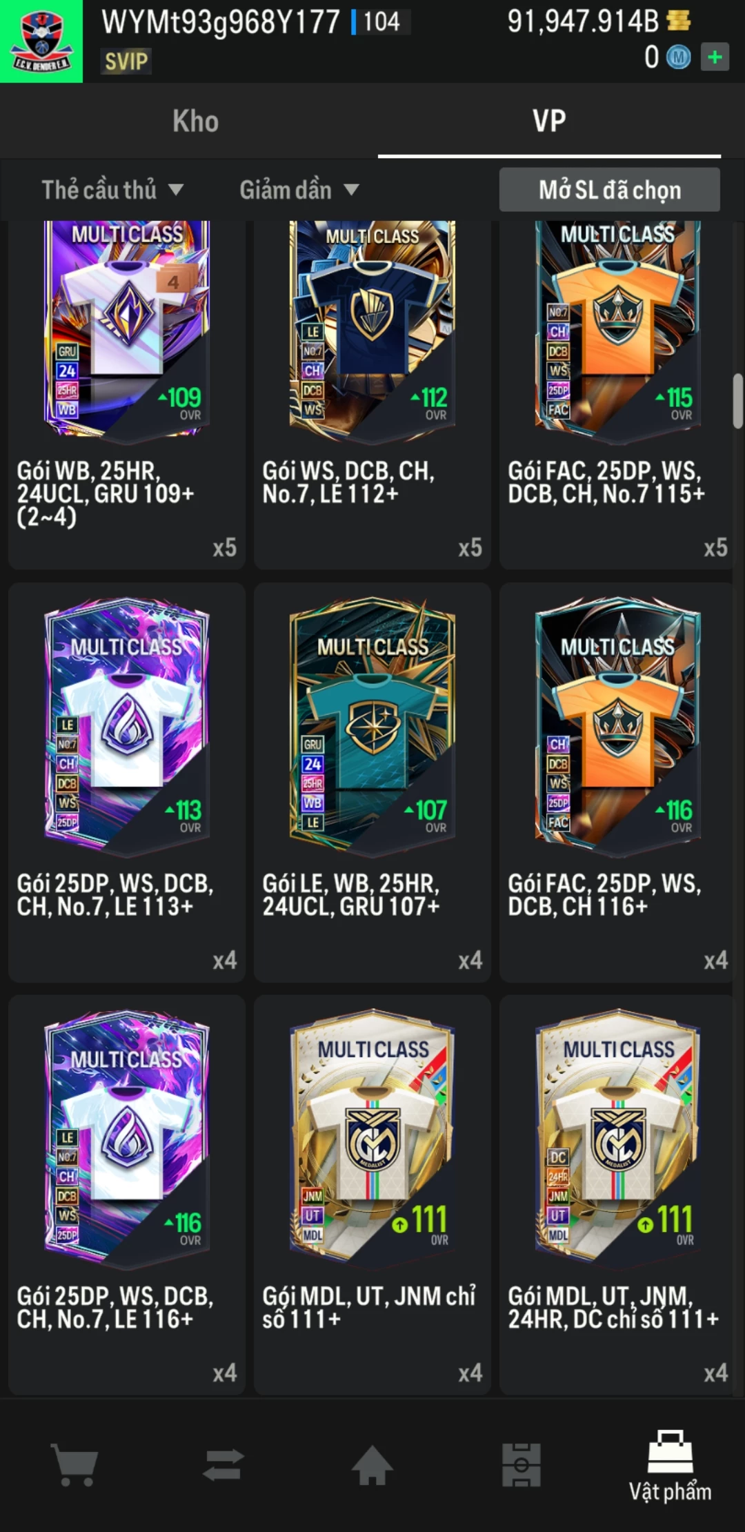 Ảnh ACC mở thẻ (LOẠI SUPER VIP) bao gồm có hơn 900+ đến 1100+ thẻ cầu thủ từ Siêu sao đến Miền núi các loại (ngẫu nhiên có: 01 thẻ +12 và 03 thẻ PRIME QH, XS, CP...) Acc có sẵn BP trắng từ 80.000 tỷ BP đến 120.000 tỷ BP kèm theo nhiều ngày SVIP